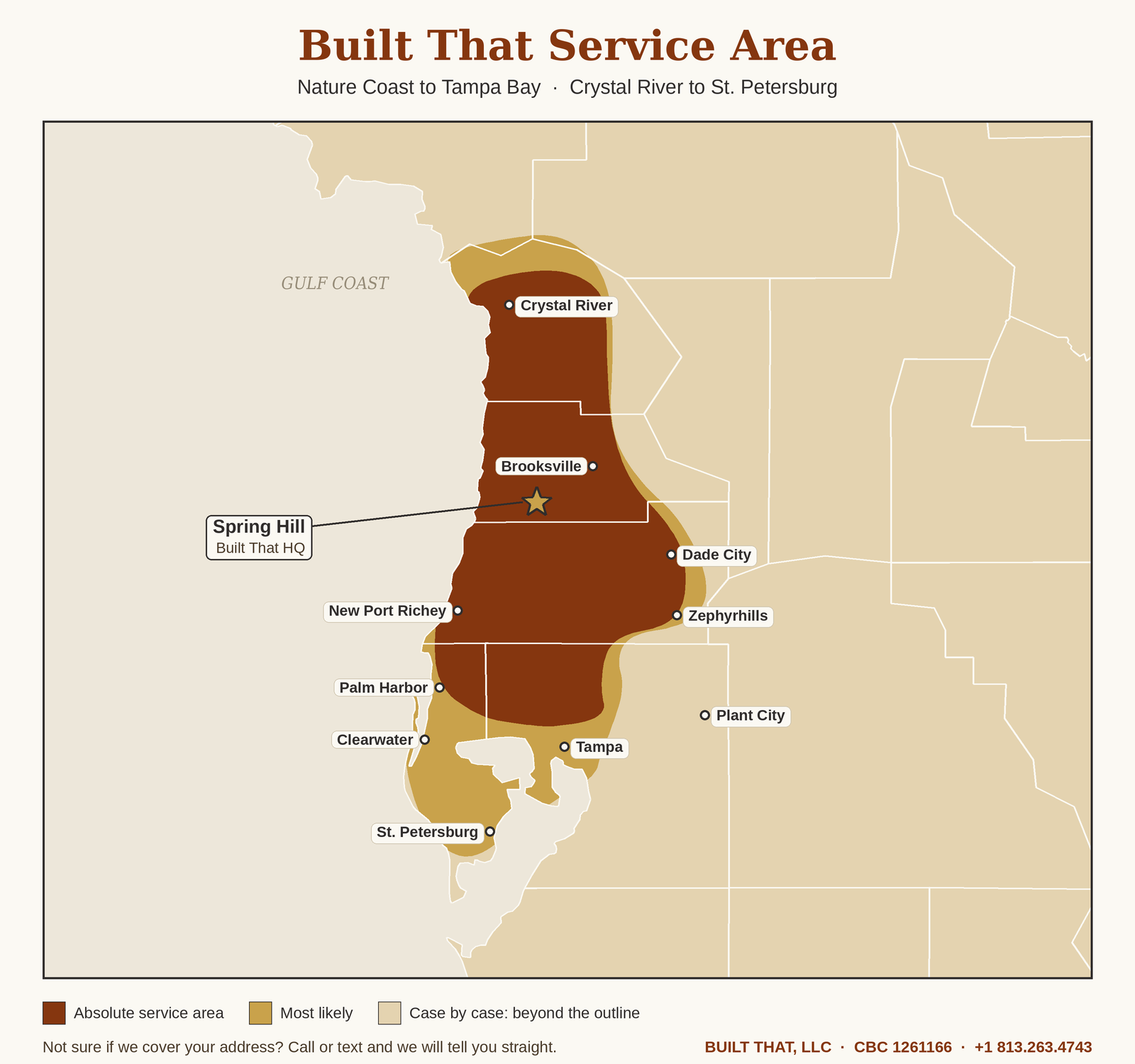 Built That service area map: absolute service area, most likely area, and case by case beyond, from Crystal River to St. Petersburg